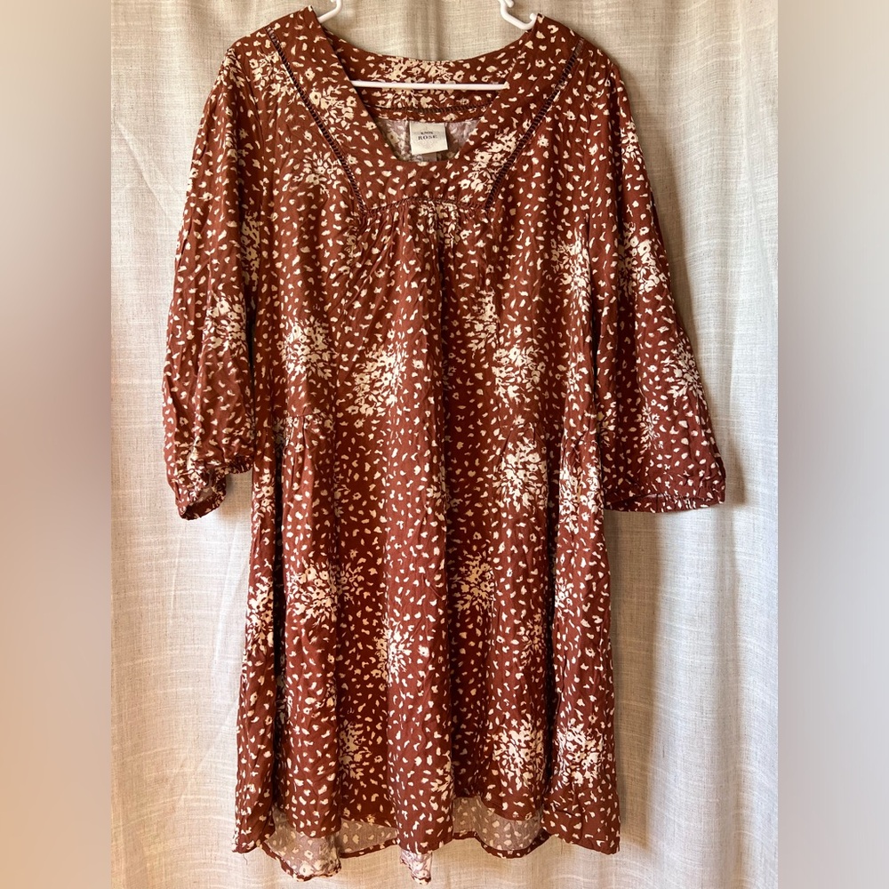 Knox Rose | Linen Blend Rusty Brown Cheetah Print Dress 3/4 Sleeves Women Large
